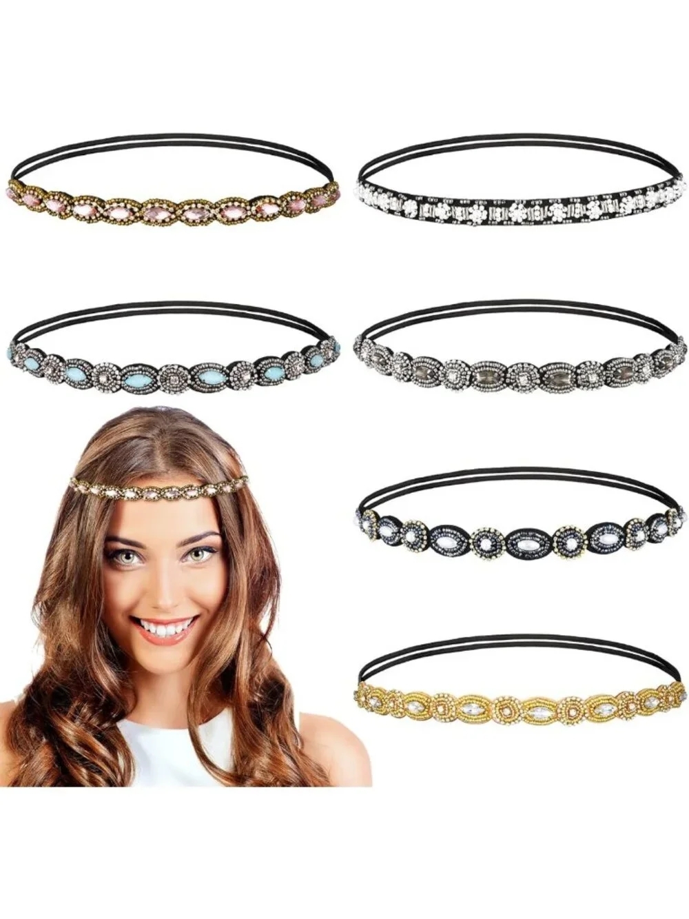 6 Pack Rhinestone Beaded Headbands - Vintage Elastic Hair Accessories for Women